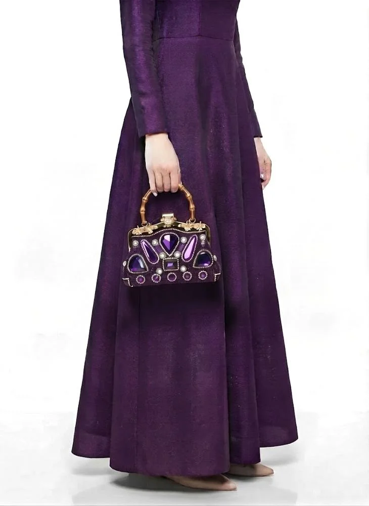 Viny Purple Viny Women's Statement Crystal Frame Clutch – Gemstone Embellished with Metal Ring Handle for Women | Best Price UAE