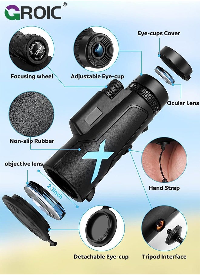 GROIC 12x50 High-Power Monocular Telescope with Smartphone Tripod, Portable Bag - Ideal for Bird Watching, Hunting, Hiking, Camping - Large Vision for Adults and Kids with BAK4 Prism and FMC Lens Technology  - Image 2