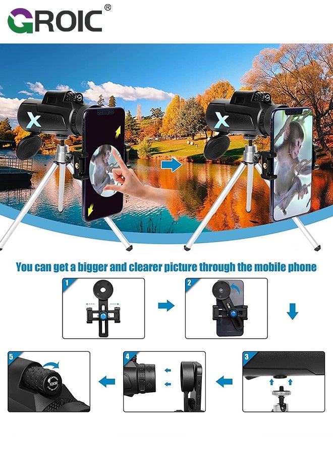GROIC 12x50 High-Power Monocular Telescope with Smartphone Tripod, Portable Bag - Ideal for Bird Watching, Hunting, Hiking, Camping - Large Vision for Adults and Kids with BAK4 Prism and FMC Lens Technology  - Image 3
