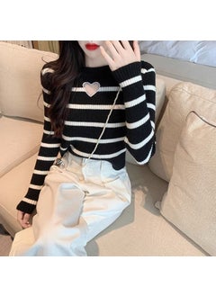 Stylish Hollow Heart Striped Knitted Top Womens Autumn Collection Style Round Neck Pullovers Slims Silhouette Base Layer Top Black [love style] grade good-looking +98%
