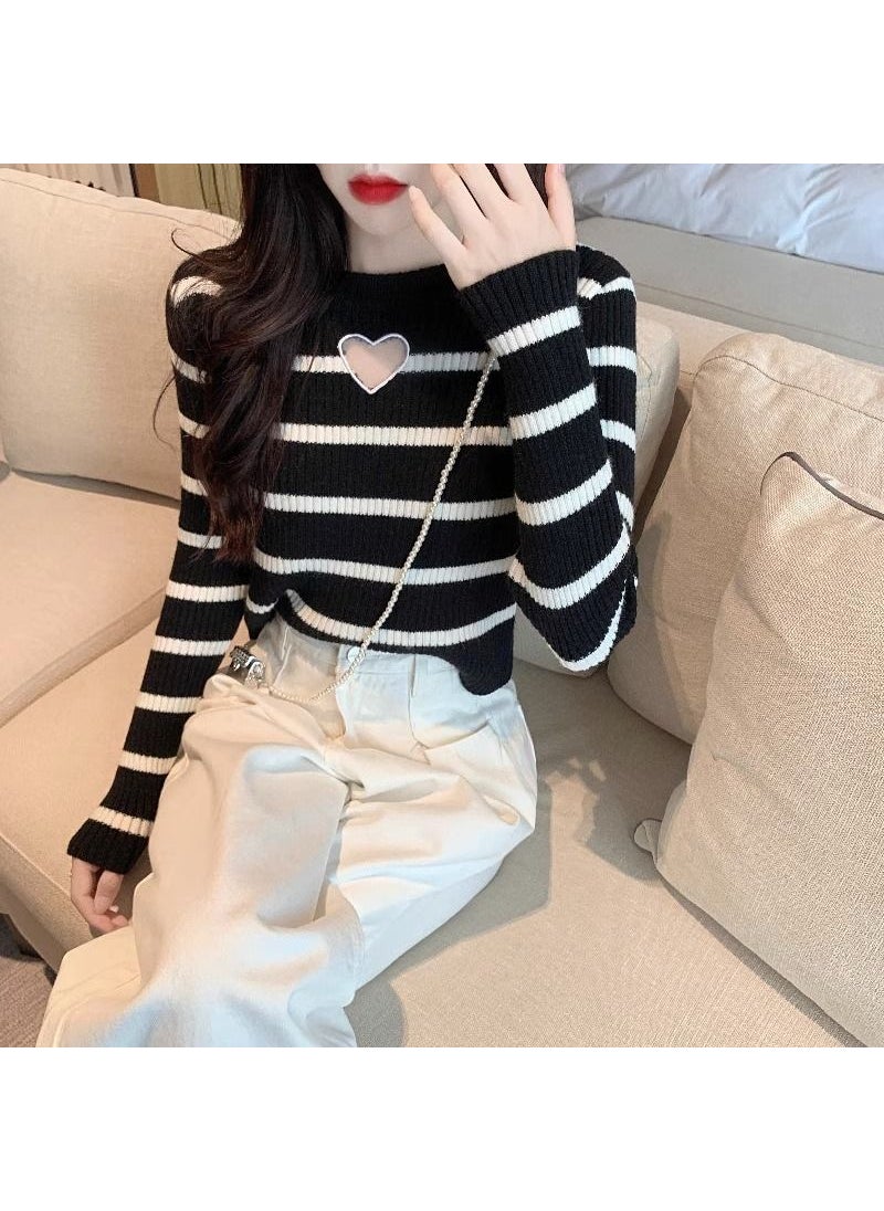 Generic - Stylish Hollow Heart Striped Knitted Top Womens Autumn Collection Style Round Neck Pullovers Slims Silhouette Base Layer Top Black [love style] grade good-looking +98% - Image 1