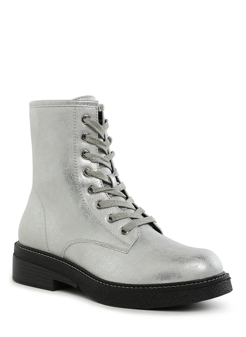 London Rag Faux Leather Lace Up Boots in Silver