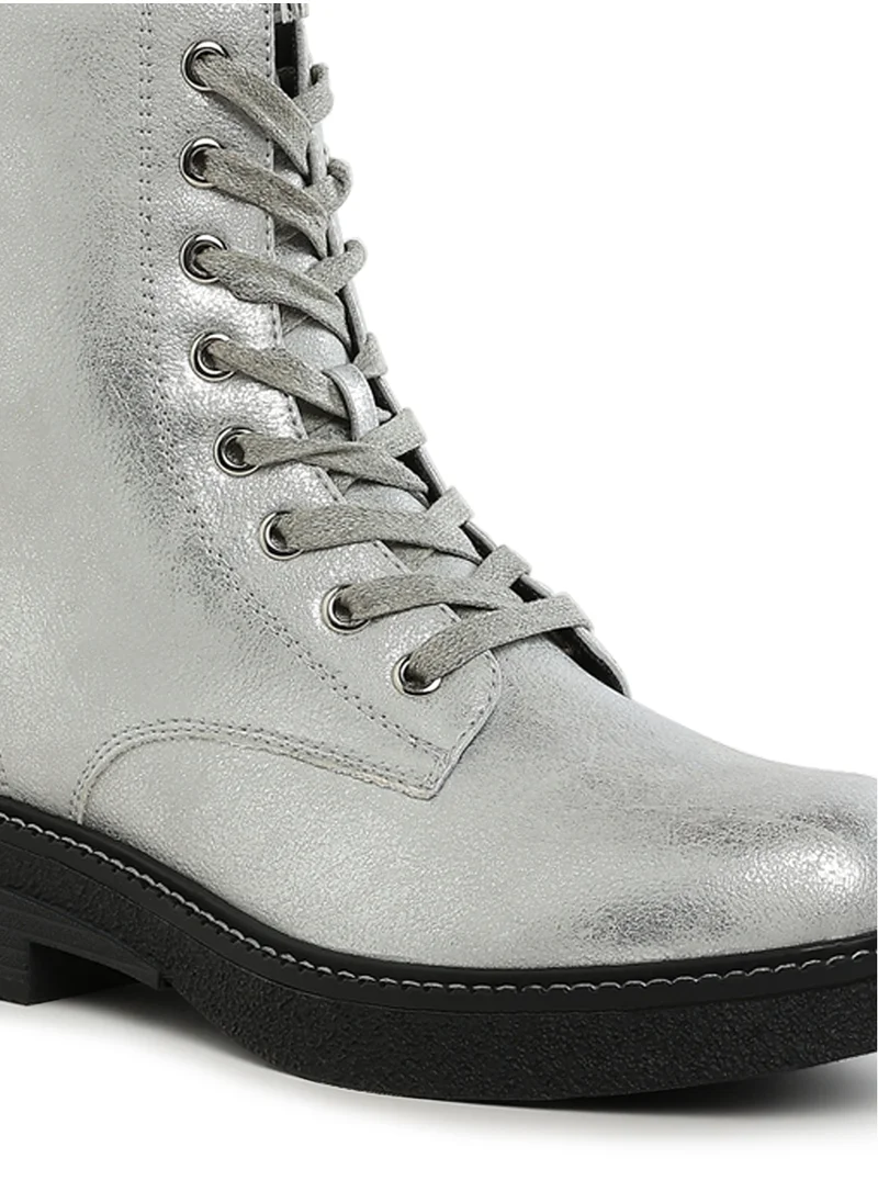 London Rag Faux Leather Lace Up Boots in Silver