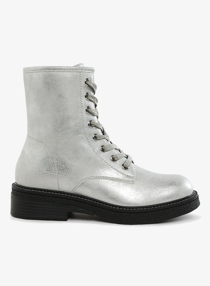 Faux Leather Lace Up Boots in Silver