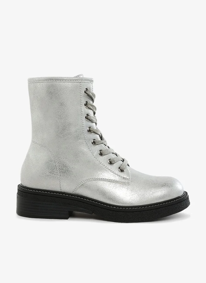 London Rag Faux Leather Lace Up Boots in Silver