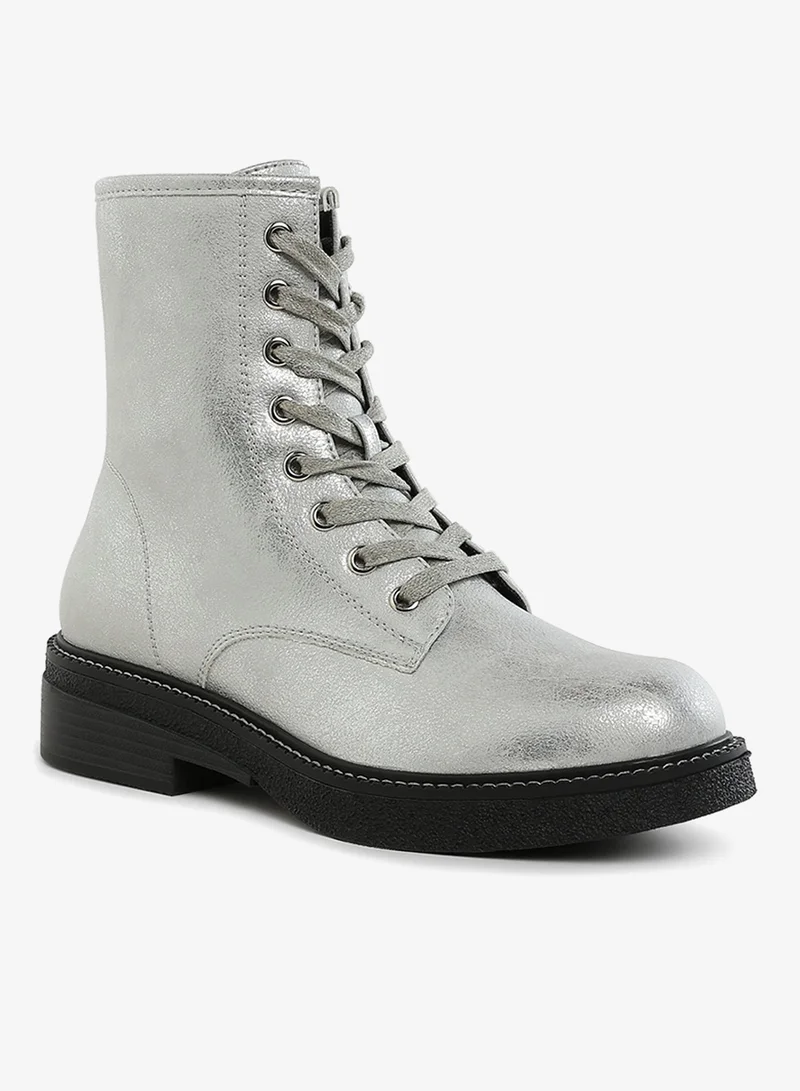 London Rag Faux Leather Lace Up Boots in Silver