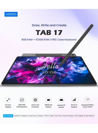 تاب 17 لوحي أندرويد، شاشة 11 بوصة، 8 جيجابايت رام، 512 جيجابايت تخزين، بطارية 8000 مللي أمبير، واي فاي 5G، مع غلاف لوحة مفاتيح وقلم، أسود - view 3