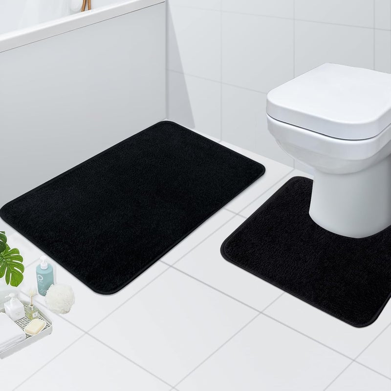 Rururug Bathroom Rug Set, 2 Pieces, Soft Microfibre Bathroom Mat and Toilet Mat with Cut-Out, Non-Slip Bath Mat, Black Bath Mat, Washable Bath Mat Set, 50 x 80 + 50 x 40 cm - Image 2