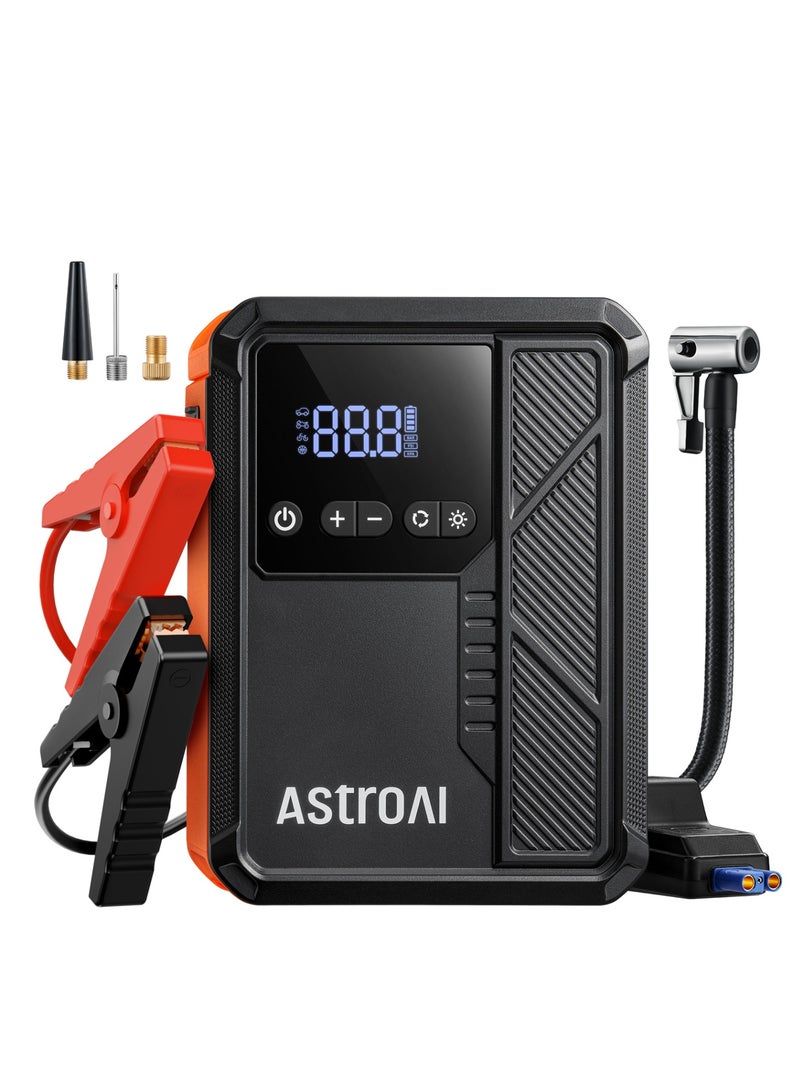 أسترواي AstroAI Beta822 3000A Jump Starter مع ضاغط الهواء ، 150PSI مضخم الإطارات المحمولة مع الإغلاق التلقائي ، 12V محفز بطارية السيارة (9.0 غاز / 7.0L ديزل) مع ضوء LED وكابلات القفز ، أسود - Image 1