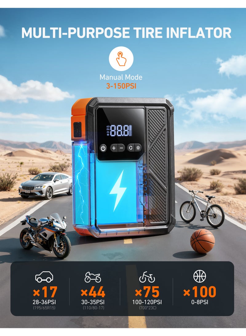 أسترواي AstroAI Beta822 3000A Jump Starter مع ضاغط الهواء ، 150PSI مضخم الإطارات المحمولة مع الإغلاق التلقائي ، 12V محفز بطارية السيارة (9.0 غاز / 7.0L ديزل) مع ضوء LED وكابلات القفز ، أسود - Image 5