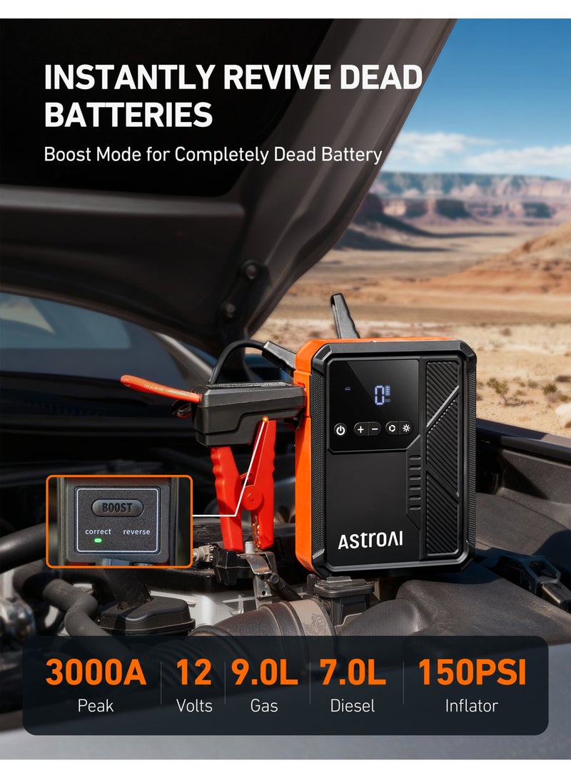أسترواي AstroAI Beta822 3000A Jump Starter مع ضاغط الهواء ، 150PSI مضخم الإطارات المحمولة مع الإغلاق التلقائي ، 12V محفز بطارية السيارة (9.0 غاز / 7.0L ديزل) مع ضوء LED وكابلات القفز ، أسود - Image 3
