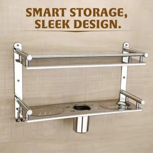 EVANEX 5 in 1 Multipurpose Bathroom Shelf | 304 Grade Stainless Steel 2 Layer Wall Mount Bathroom Organizer | Rust Proof Bathroom Rack | Storage Shelf for Toiletries | Bathroom Accessories Set - Image 2