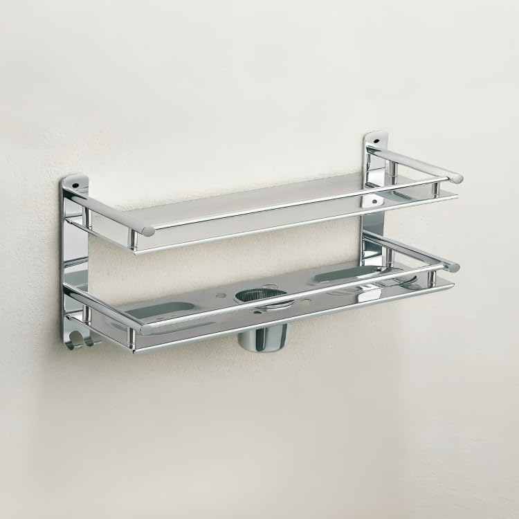 EVANEX 5 in 1 Multipurpose Bathroom Shelf | 304 Grade Stainless Steel 2 Layer Wall Mount Bathroom Organizer | Rust Proof Bathroom Rack | Storage Shelf for Toiletries | Bathroom Accessories Set - Image 4