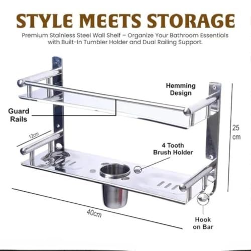EVANEX 5 in 1 Multipurpose Bathroom Shelf | 304 Grade Stainless Steel 2 Layer Wall Mount Bathroom Organizer | Rust Proof Bathroom Rack | Storage Shelf for Toiletries | Bathroom Accessories Set - Image 3