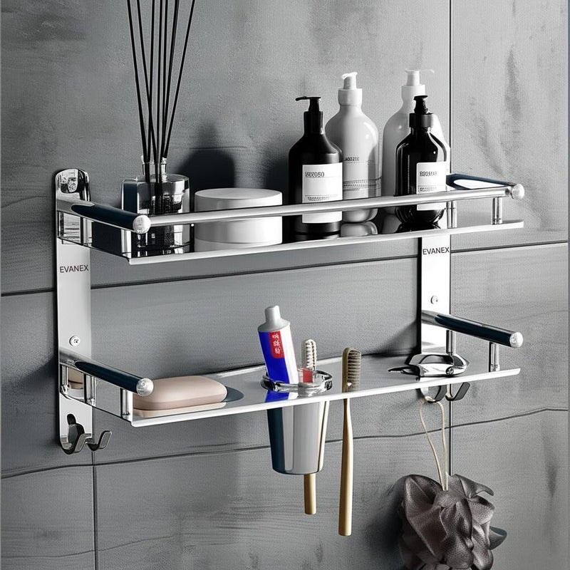 EVANEX 5 in 1 Multipurpose Bathroom Shelf | 304 Grade Stainless Steel 2 Layer Wall Mount Bathroom Organizer | Rust Proof Bathroom Rack | Storage Shelf for Toiletries | Bathroom Accessories Set - Image 5