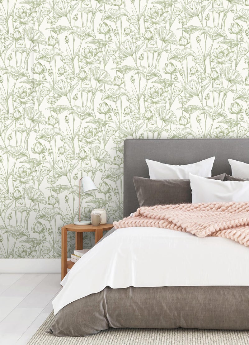 Vinjiasin Peel and Stick Wallpaper Green Floral Contact Paper Boho Modern Lotus Wall Paper for Bedroom Bathroom Living Room Self Adhesive Removable Flower Leaf 17.3"x 78.7" - Image 2