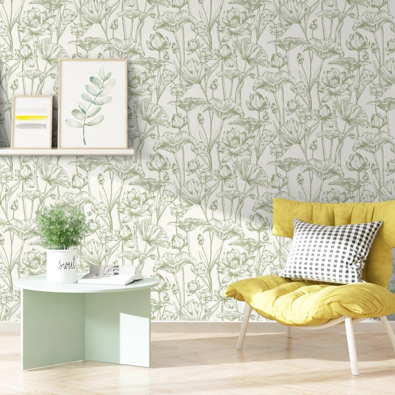 Vinjiasin Peel and Stick Wallpaper Green Floral Contact Paper Boho Modern Lotus Wall Paper for Bedroom Bathroom Living Room Self Adhesive Removable Flower Leaf 17.3"x 78.7" - Image 5