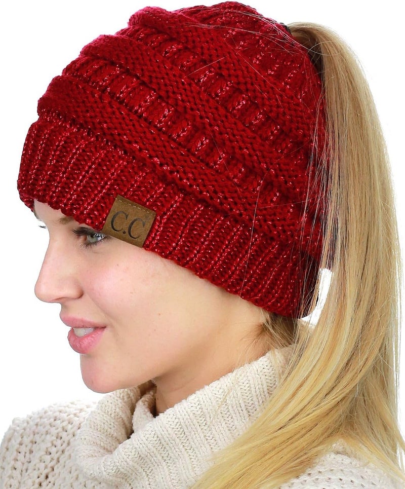 Cc Exclusives Soft Stretch Cable Knit Messy Bun Ponytail Beanie Winter Hat for Women (MB-20A) - Image 1