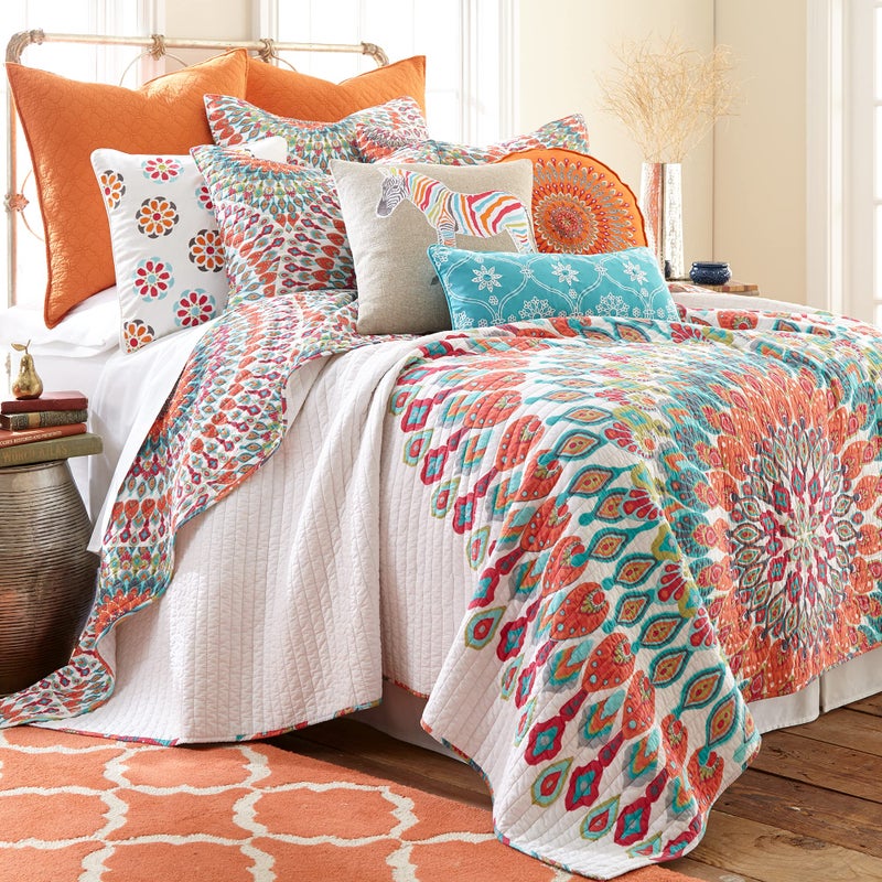Levtex Home  Mirage Quilt Set  KingCal King Quilt  Two King Pillow Shams  Medallion  Teal Orange Red Green Yellow  Quilt 106x92in and Pillow Shams 36x20in  Reversible  Cotton Fabric