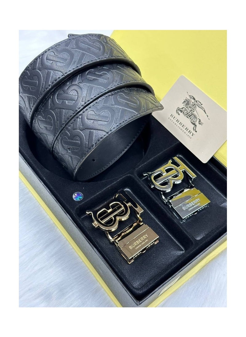 BURBERRY - Luxury Textured Leather Belt Set – Burberry-Inspired, Dual Buckles Included - Image 1