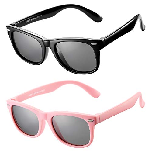 AZorb Kids Polarized Sunglasses TPEE Rubber Flexible Frame for Boys Girls Age 3-8, 100% UV Protection (Black/Grey + Pink/Grey) - Image 1