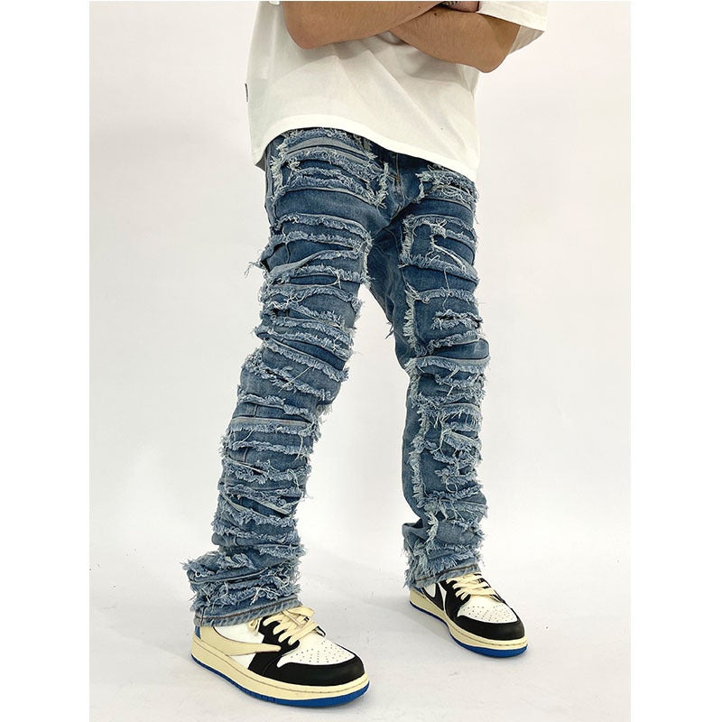 American Streetwear Patched Distressed Jeans Blue 