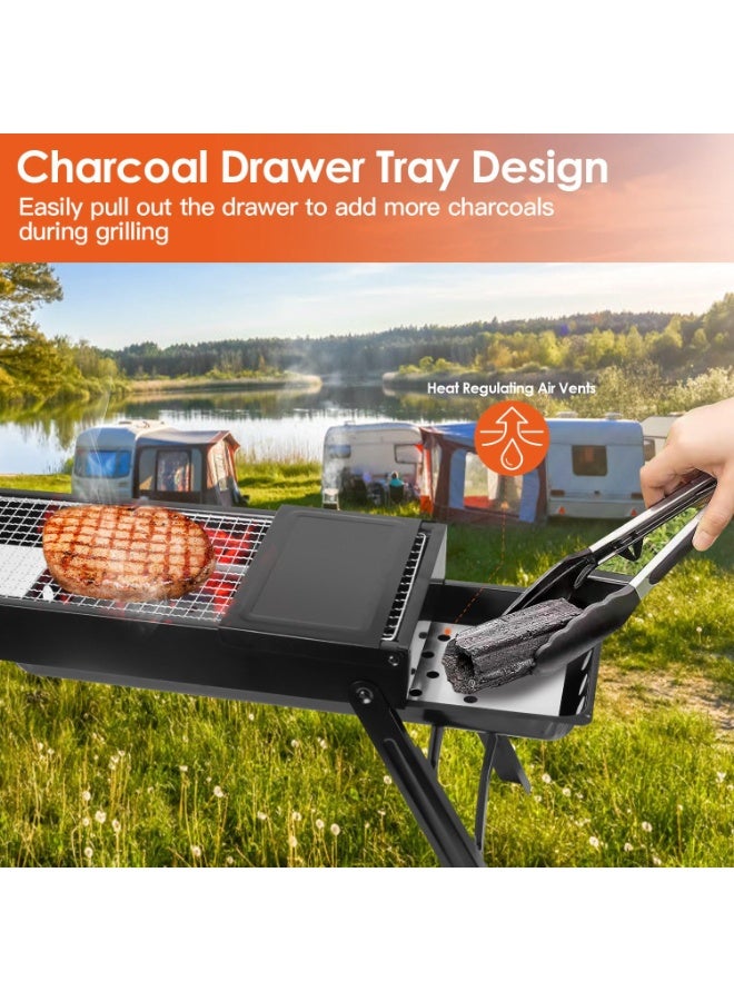 والالا شواية شواء محمولة من الفولاذ المقاوم للصدأ - شواية فحم قابلة للطي مع صينيتين جانبيتين، مثالية للطهي في الهواء الطلق للنزهات والتخييم والحفلات في الفناء الخلفي - Image 2