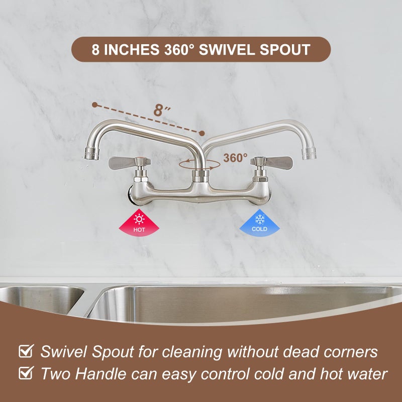 Homevacious Wall Mount Kitchen Faucet 8"" Center Commercial Faucet Brushed Nickel Two Handle Utility Sink Faucets 8 Inches 360 Degree Swivel Spout Brass Industrial Mixer Tap for Laundry Room Restaurant - Image 3