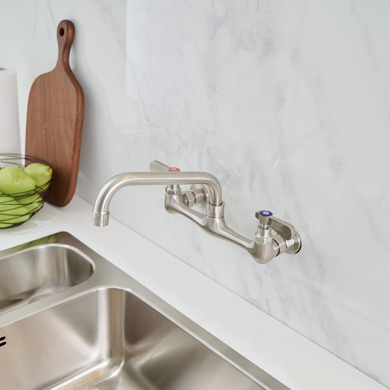 Homevacious Wall Mount Kitchen Faucet 8"" Center Commercial Faucet Brushed Nickel Two Handle Utility Sink Faucets 8 Inches 360 Degree Swivel Spout Brass Industrial Mixer Tap for Laundry Room Restaurant - Image 4