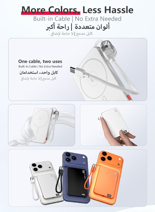 وابيك باور بانك مغناطيسي M8 من علامة كورية، 5000mAh نحيف جداً 8mm، شحن لاسلكي سريع 15W، كابل Type-C مدمج، متوافق مع MagSafe لهواتف iPhone 17/16/15/14/13، أبيض - Image 5
