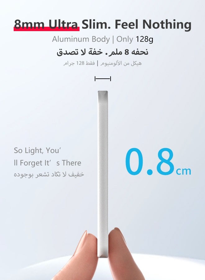 وابيك باور بانك مغناطيسي M8 من علامة كورية، 5000mAh نحيف جداً 8mm، شحن لاسلكي سريع 15W، كابل Type-C مدمج، متوافق مع MagSafe لهواتف iPhone 17/16/15/14/13، أبيض - Image 3