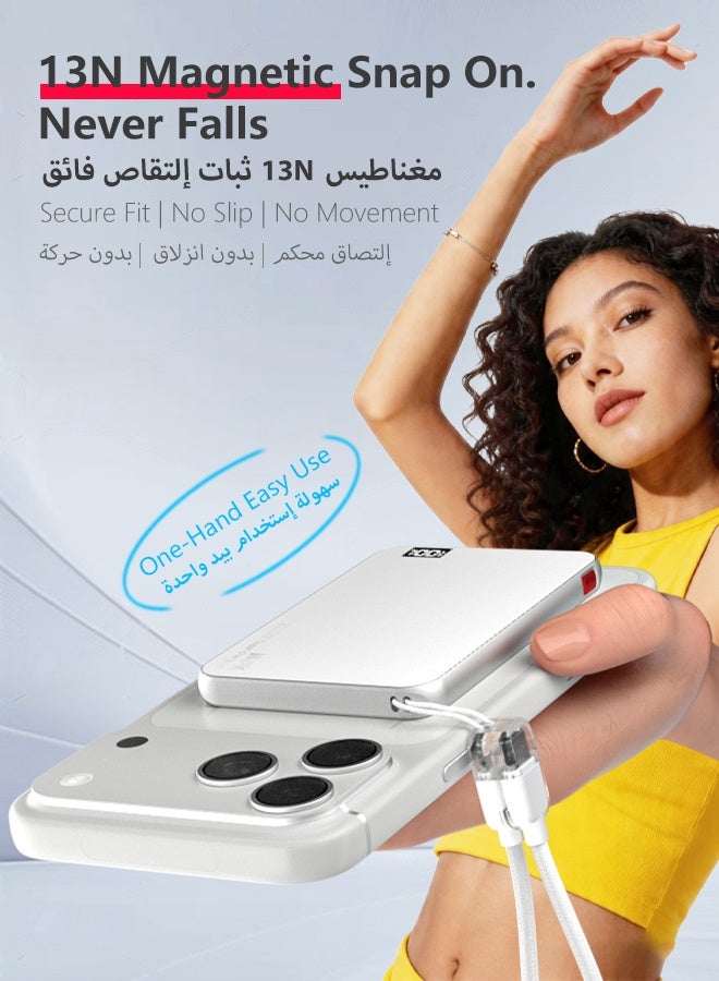 وابيك باور بانك مغناطيسي M8 من علامة كورية، 5000mAh نحيف جداً 8mm، شحن لاسلكي سريع 15W، كابل Type-C مدمج، متوافق مع MagSafe لهواتف iPhone 17/16/15/14/13، أبيض - Image 2