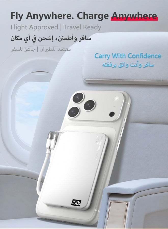 وابيك باور بانك مغناطيسي M8 من علامة كورية، 5000mAh نحيف جداً 8mm، شحن لاسلكي سريع 15W، كابل Type-C مدمج، متوافق مع MagSafe لهواتف iPhone 17/16/15/14/13، أبيض - Image 4