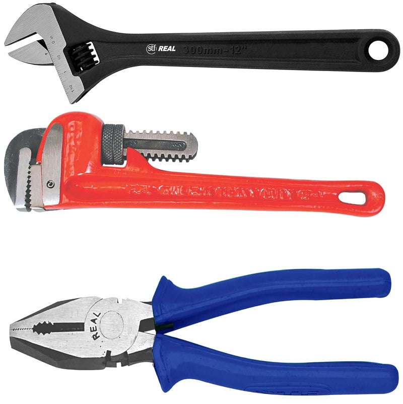 REAL stf REALstf 3-Piece Plumbing Tool Set – Includes 8-Inch Pliers, 10-Inch Pipe Wrench (Stillson), and 8-Inch Adjustable Wrench – Heavy Duty Tools for Home & Professional Use - Image 1