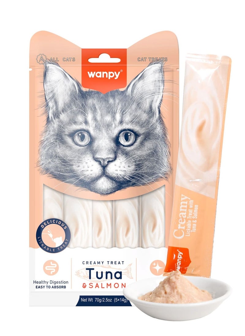 Wanpy Wanpy Creamy Lickable Cat Treats – Tuna & Salmon (14gx5)  - Image 1