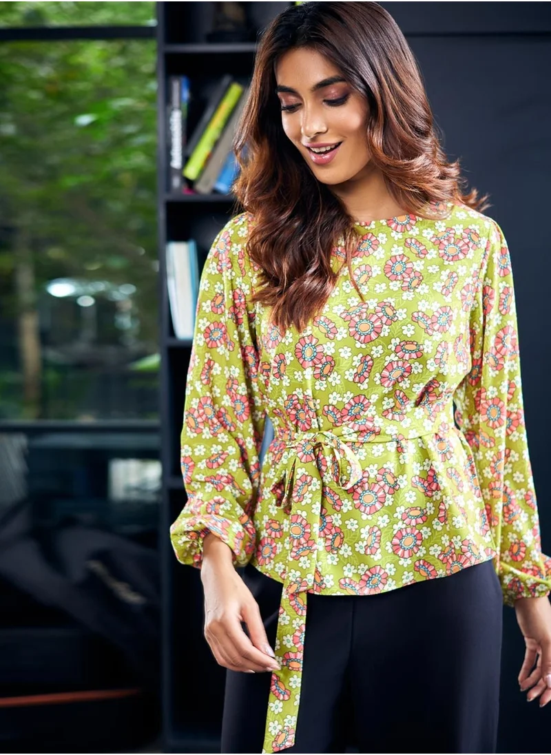 Zigzag Printed Waist Tie Chiffon Top