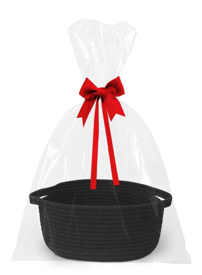 WILLITAT Small Baskets for Gifts Empty, 13"x 9"x 5" Woven Gift Basket with Bag and Ribbon, Cotton Rope Kids Dog Cat Toy Bin Box, Cute Baby Nursery Organizer, Decorative Storage with Handles (Black) - Image 1