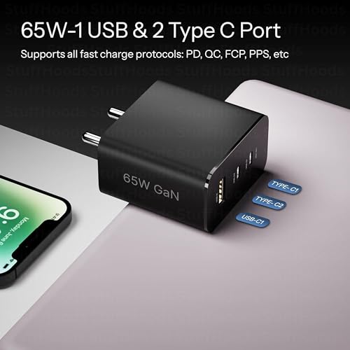 StuffHoods 65W Gan Trio Charger Adapter for Nothing | 3 Port USB Type C to A Fast Wall Charging Adaptor Compatible with CMFF Phone 1/Nothing Phone 2a Plus/2A/Phone 2/ CMFF, Black - Image 5