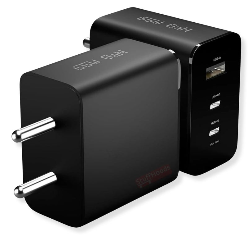 StuffHoods 65W Gan Trio Charger Adapter for Nothing | 3 Port USB Type C to A Fast Wall Charging Adaptor Compatible with CMFF Phone 1/Nothing Phone 2a Plus/2A/Phone 2/ CMFF, Black - Image 1