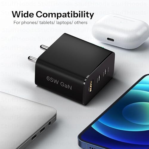 StuffHoods 65W Gan Trio Charger Adapter for Nothing | 3 Port USB Type C to A Fast Wall Charging Adaptor Compatible with CMFF Phone 1/Nothing Phone 2a Plus/2A/Phone 2/ CMFF, Black - Image 3