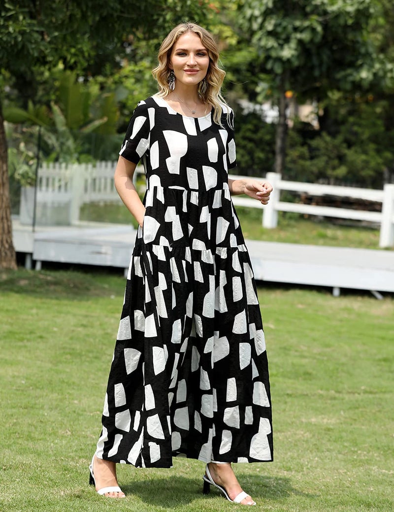 YESNO Women Casual Loose Bohemian Floral Dresses with Pockets Short Sleeve Summer Beach Swing Dress (S EJF CR162) Black/White - Image 3