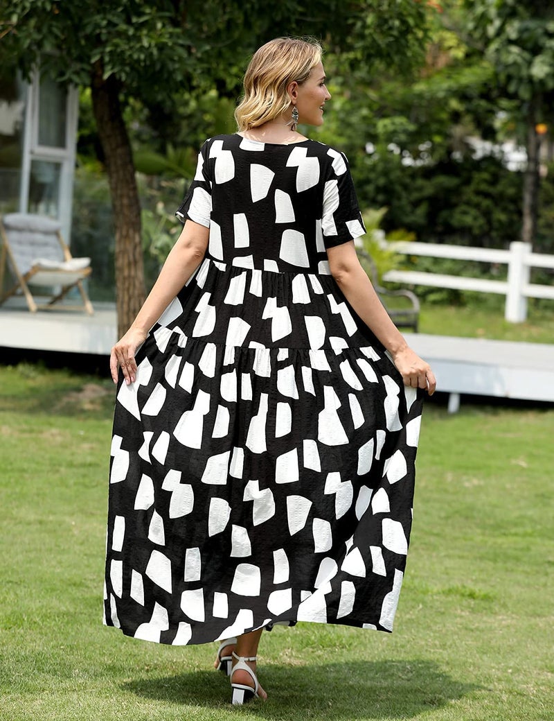 YESNO Women Casual Loose Bohemian Floral Dresses with Pockets Short Sleeve Summer Beach Swing Dress (S EJF CR162) Black/White - Image 4