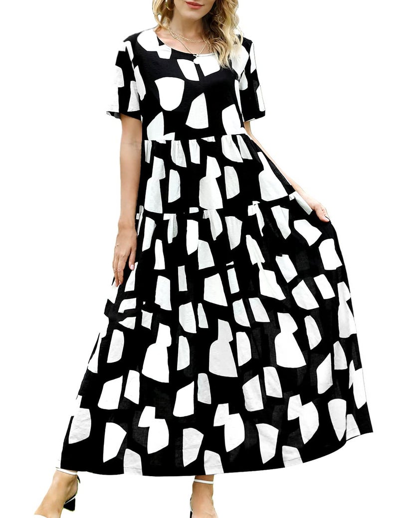 YESNO Women Casual Loose Bohemian Floral Dresses with Pockets Short Sleeve Summer Beach Swing Dress (S EJF CR162) Black/White - Image 1
