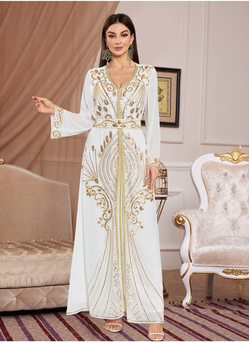مدام يونيك فستان أبيض مغربي دبى كافتانس عباية طويل جدا مبهرج مودرن فرح  - Image 3
