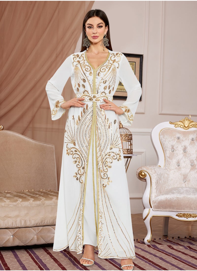 مدام يونيك فستان أبيض مغربي دبى كافتانس عباية طويل جدا مبهرج مودرن فرح  - Image 4