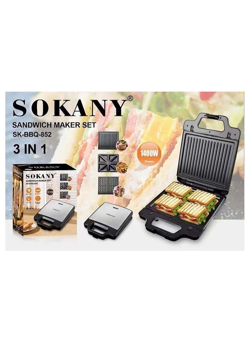 sokany 3 IN 1SANDWICH MAKER(Grill ,Waffle,Toast)Double Side Heating/1400W/SK-BBQ-852  - Image 1