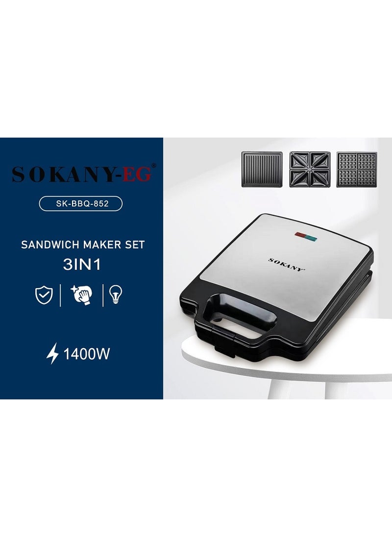 sokany 3 IN 1SANDWICH MAKER(Grill ,Waffle,Toast)Double Side Heating/1400W/SK-BBQ-852  - Image 2