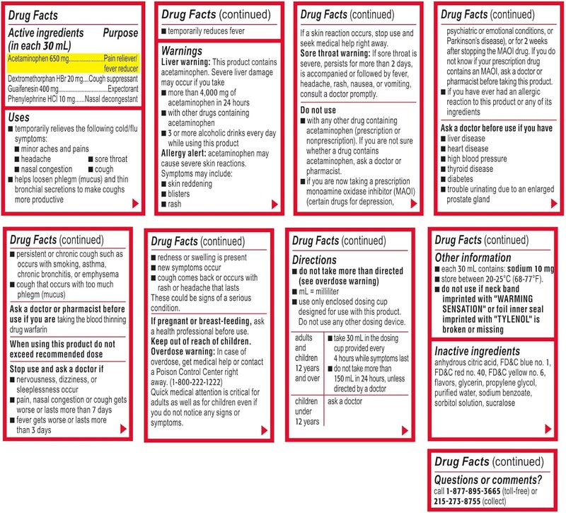 Tylenol تايلينول كولد فلو شديدة دواء مع أسيتامينوفين ديكستروميثورفان HBr جوايفينيسين فينيل إيفرين HCl سائل لتخفيف البرد والحمى واحتقان الصدر بنكهة العسل والليمون 8 أونصة سائلة - Image 3