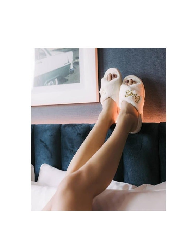 Bride Slippers - Bride Gifts For Bridal Shower, Bachelorette Party, Engagement Party, Wedding Day, Etc. - Cozy White Fur Slippers With Gold Embroidery - Image 3