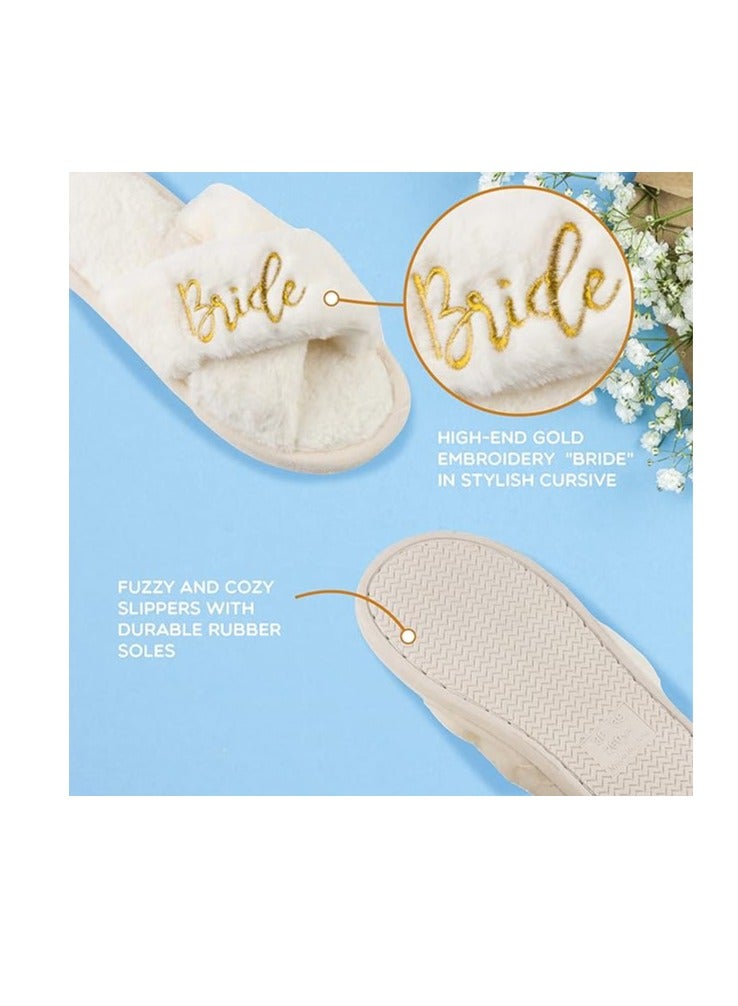 Bride Slippers - Bride Gifts For Bridal Shower, Bachelorette Party, Engagement Party, Wedding Day, Etc. - Cozy White Fur Slippers With Gold Embroidery - Image 4